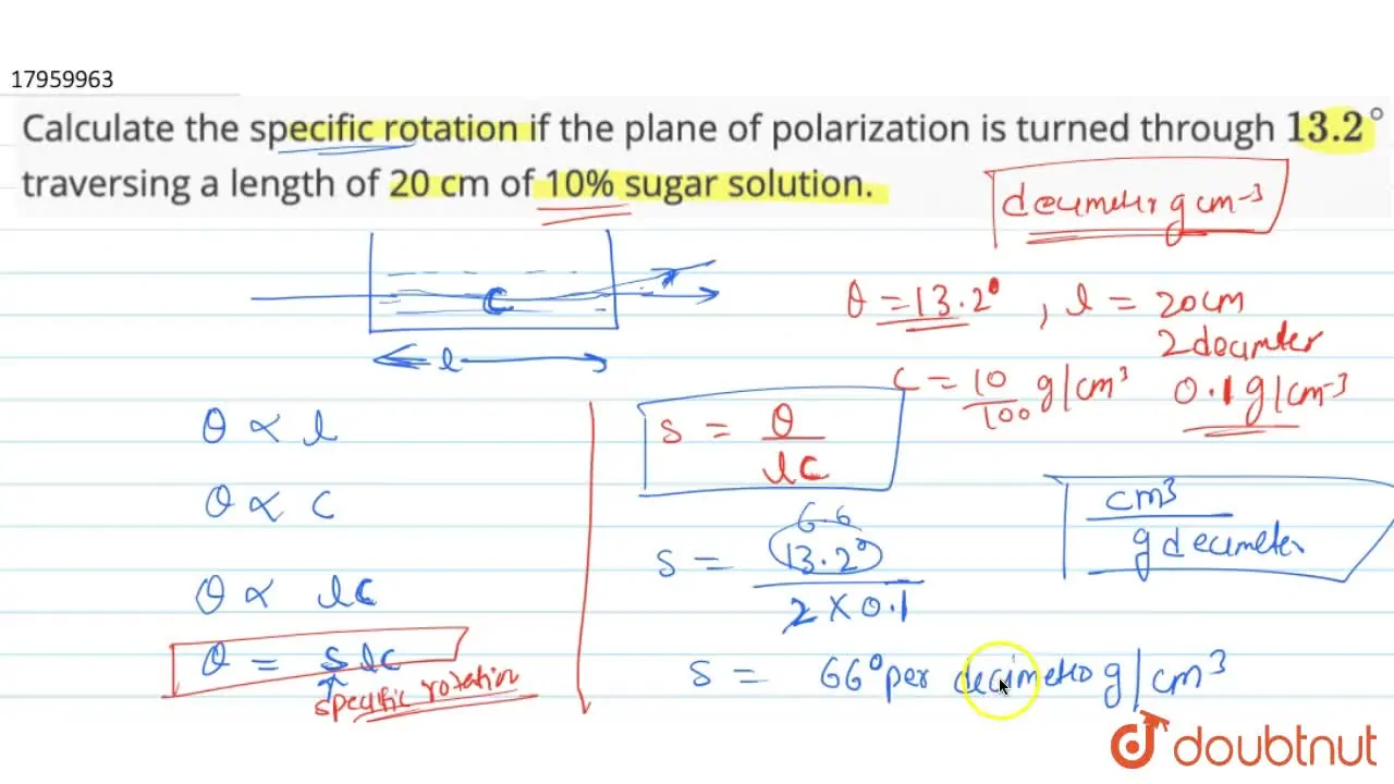 Calculate the specific rotation if the plane of polarization is turned