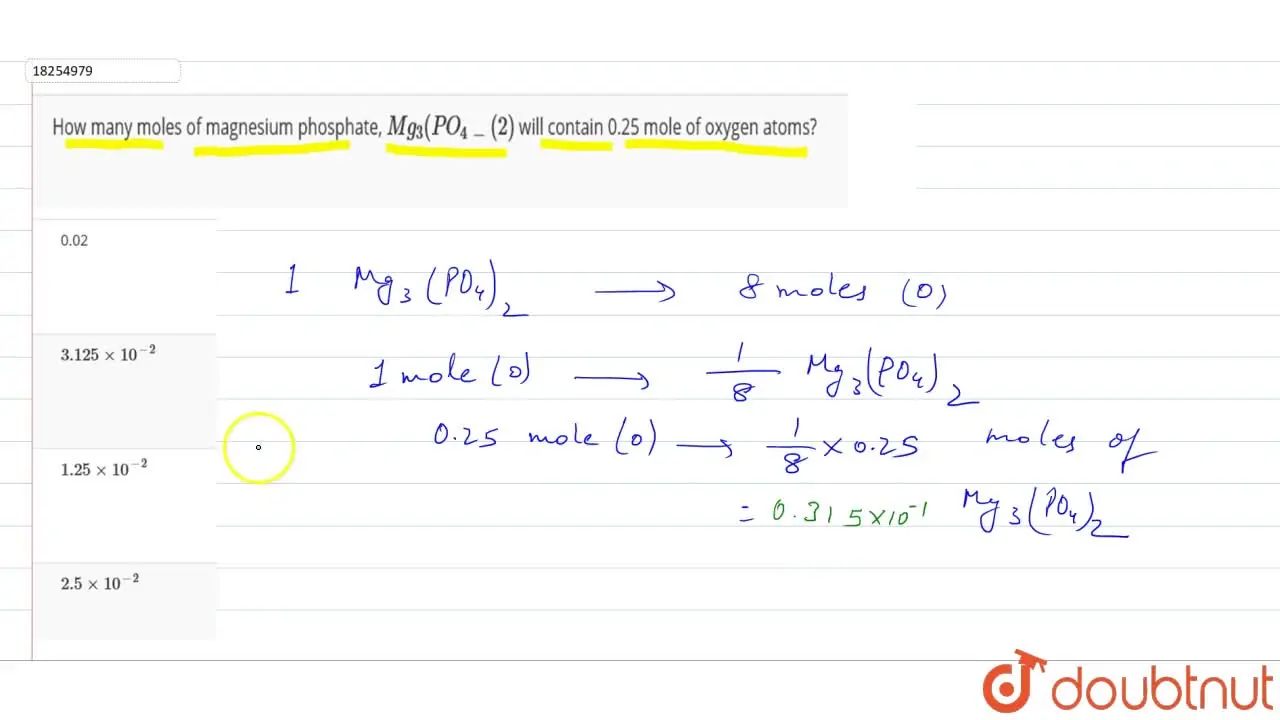 How many moles of magnesium phosphate, Mg(3)(PO(4)(2) will contain 0.2