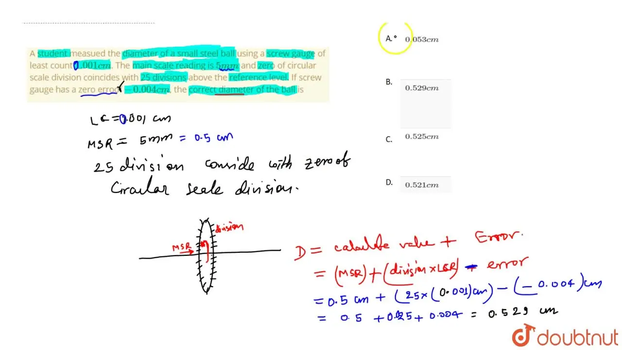 A student measued the diameter of a small steel ball using a screw gau