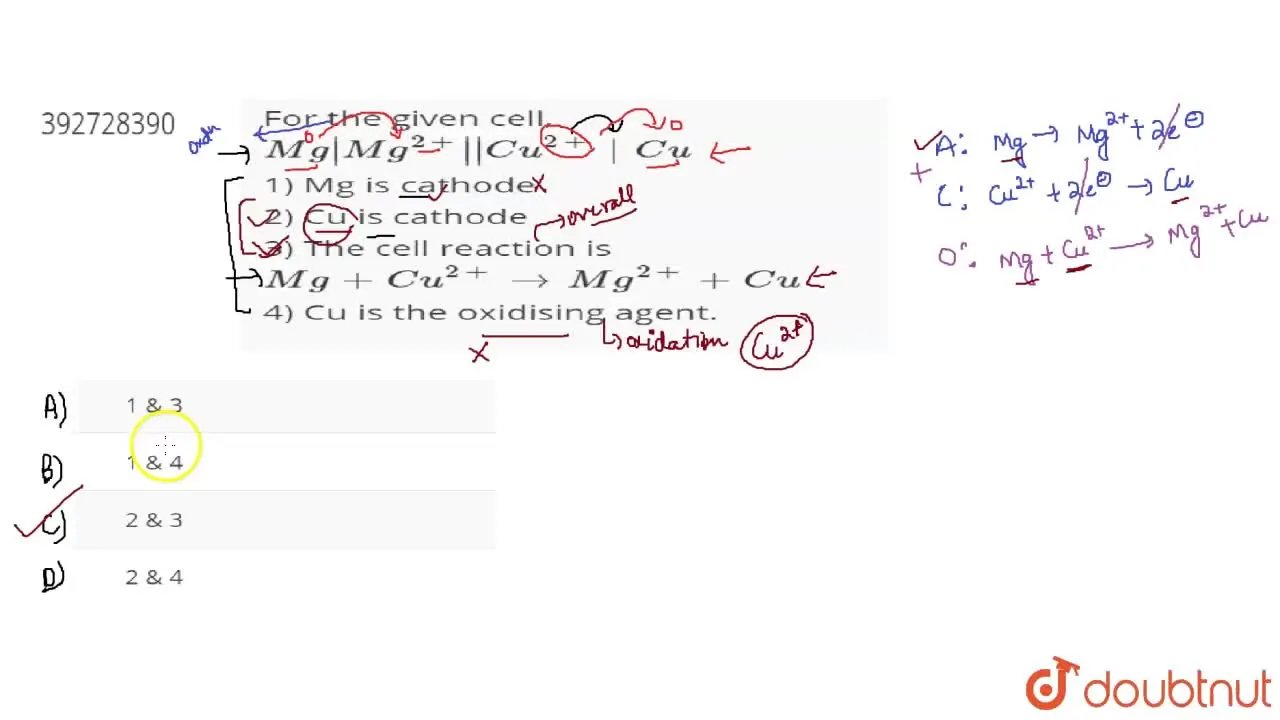 For the given cell, Mg | Mg^(2+) || Cu^(2+) | Cu 1) Mg is cathode
