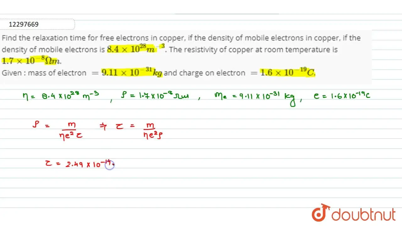 Find the relaxation time for free electrons in copper, if the density