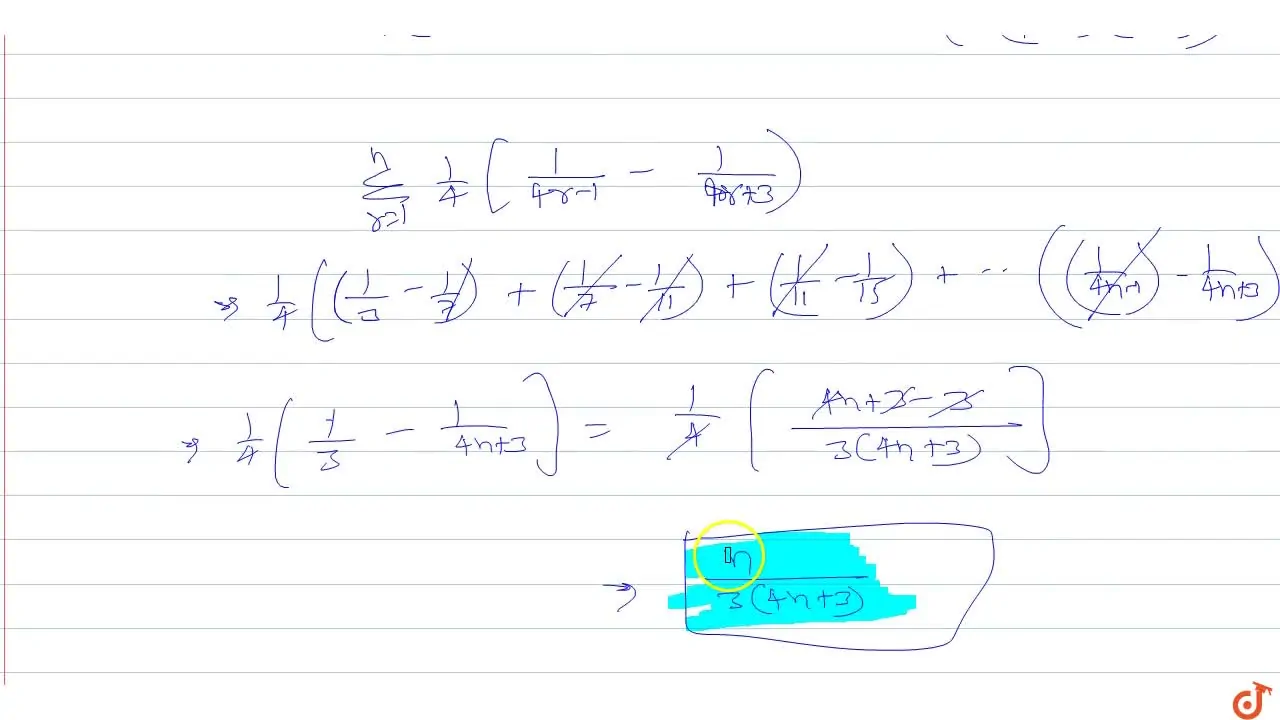 1/3.7+1/7.11+1/11.15+.......+1/((4n-1)(4n+3))=n/(3(4n+3))