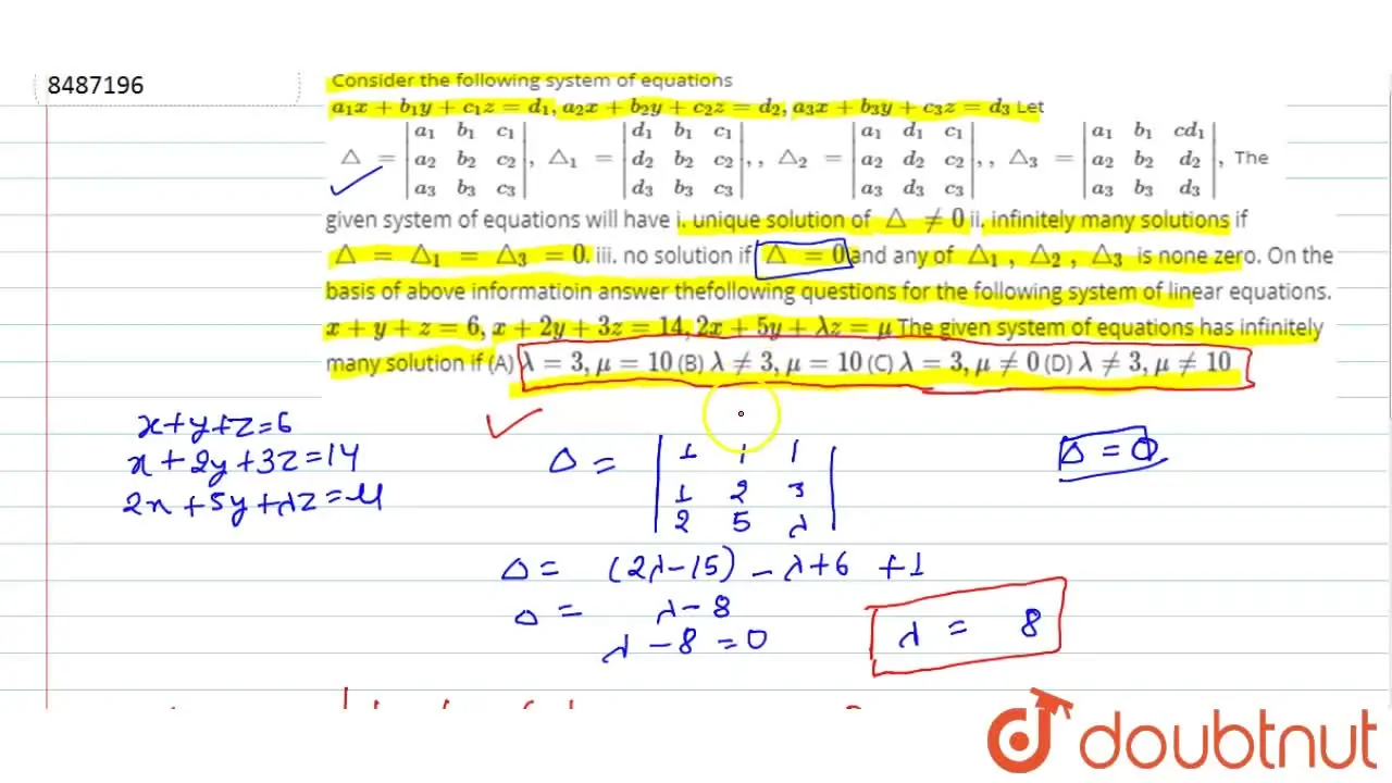 Consider The Following System Of Equations A1xb1yc1zd1 A2xb2yc2z 3130