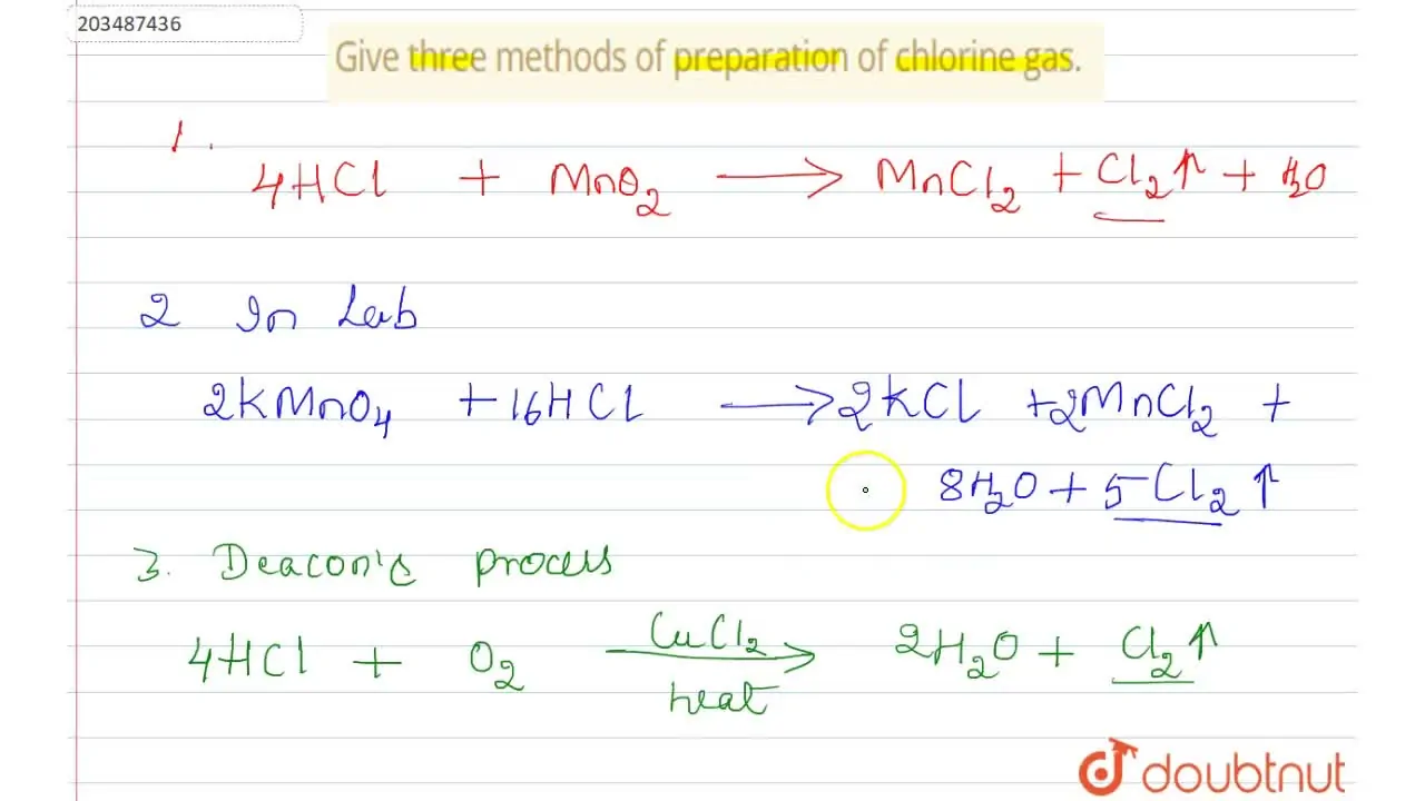 [Kannada] Give three methods of preparation of chlorine gas.