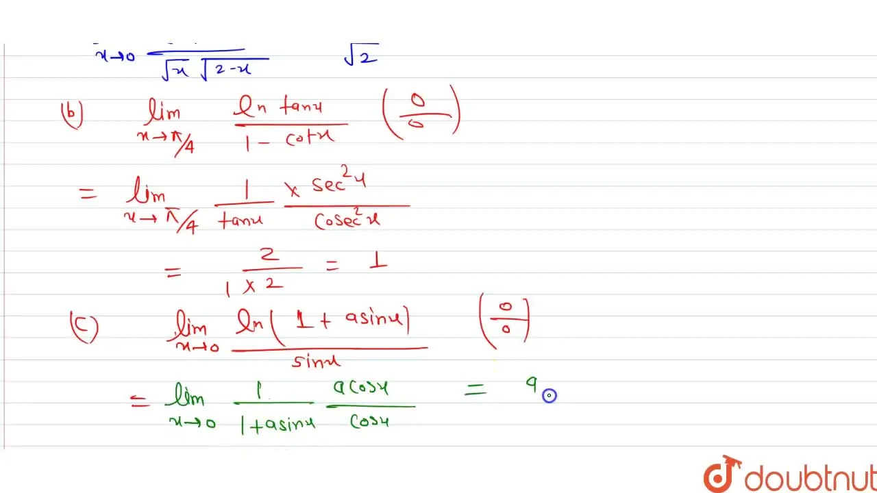 Find the limits: (a) underset(x to 0)lim (arc cos (1-x))/sqrtx (b) u