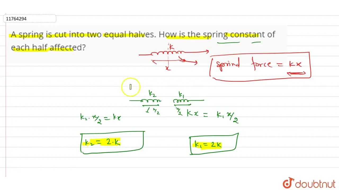 A spring is cut into two equal halves. How is the spring constant of e