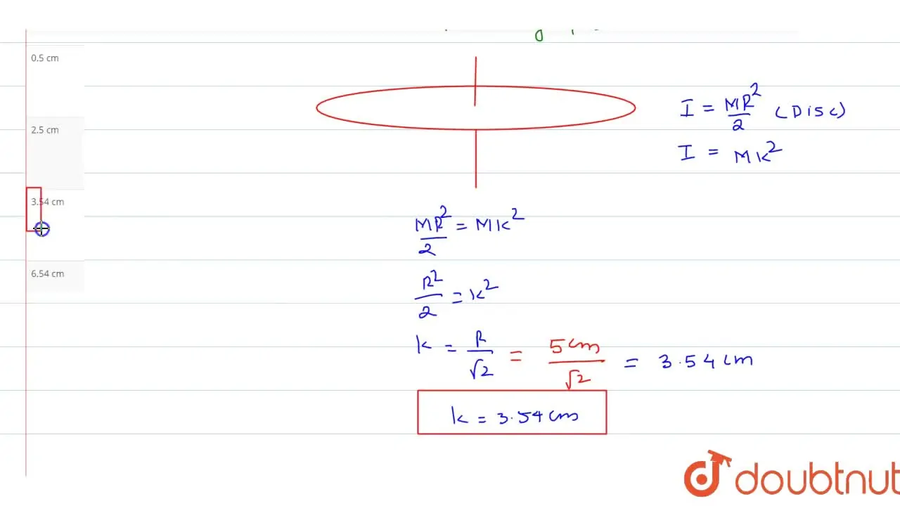 The radius of gyration of a disc of mass 100 g and radius 5 cm about a