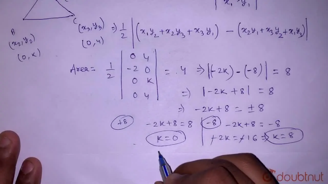 [Kannada] The area of a triangle with vertices (2,0),(0,k) and (0,4)