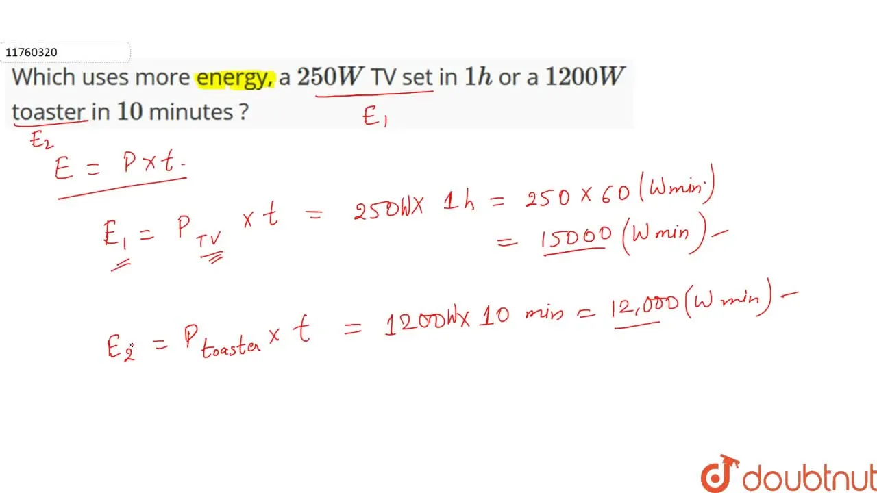 Which uses more energy, a 250 W TV set in 1 h or a 1200 W toaster in 1
