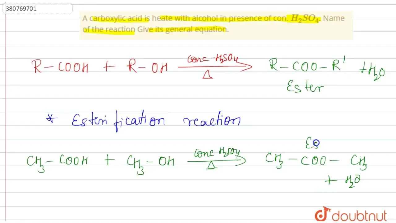 [Kannada] A carboxylic acid is heate with alcohol in presence of con.