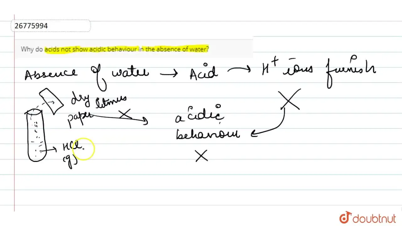 Why do acids not show acidic behaviour in the absence of water?