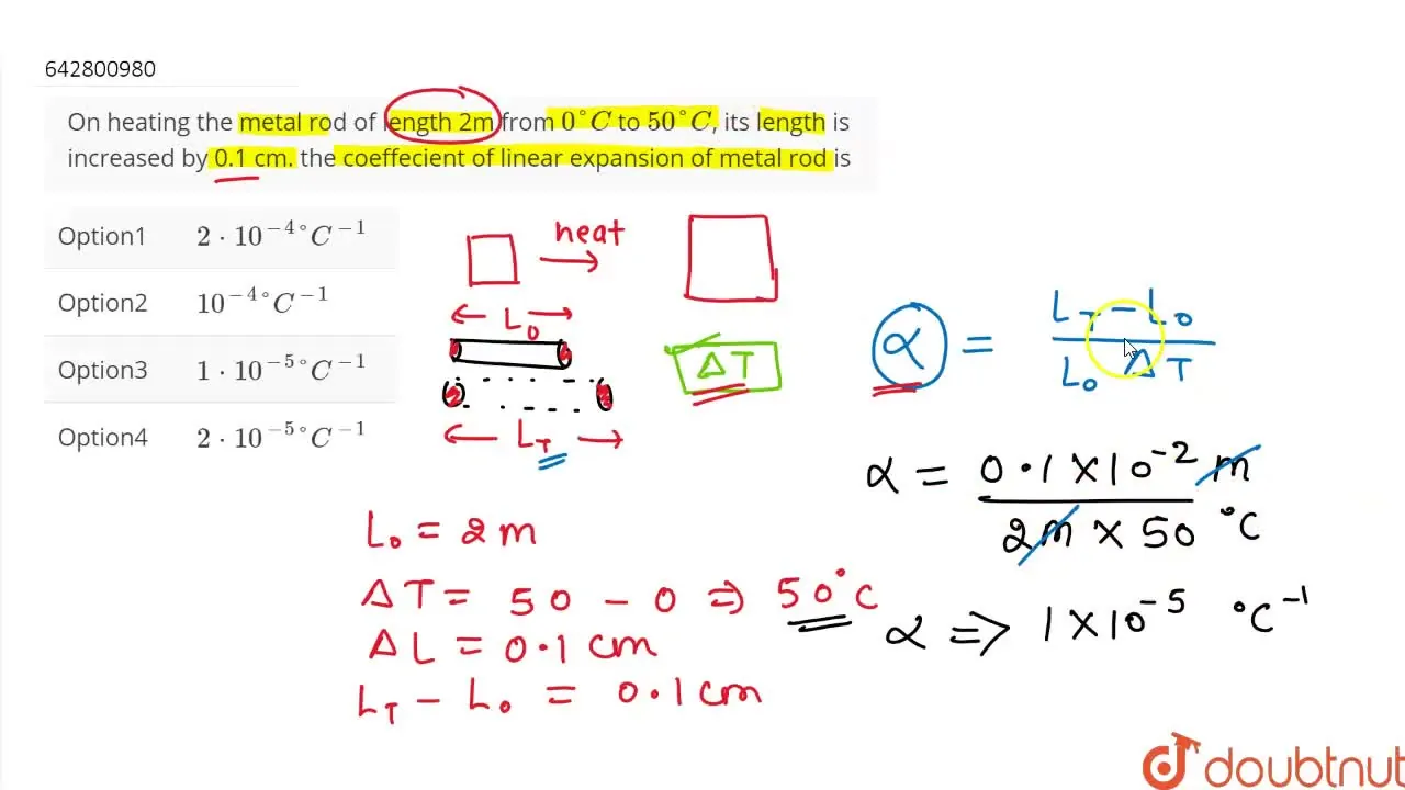 On heating the metal rod of length 2m from 0°C to 50°C, its length is