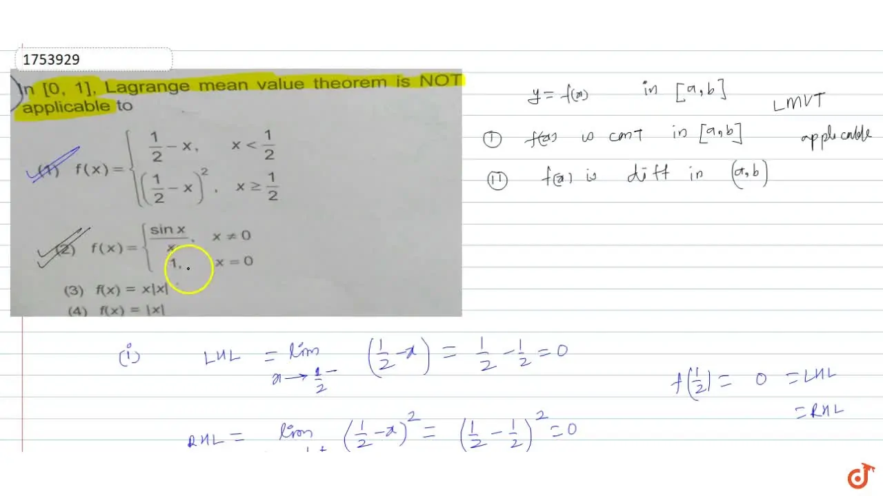 in` [0,1] `, lagrange mean value theorem is NOT applicable to