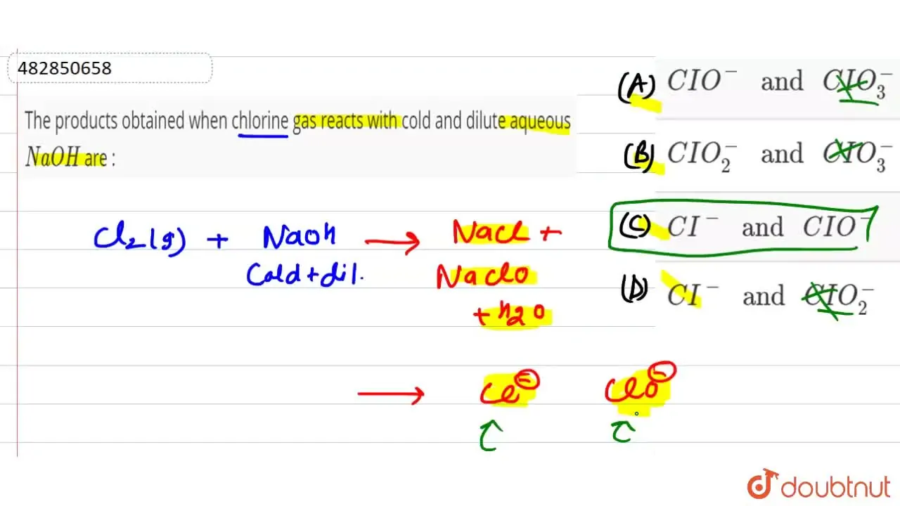 The products obtained when chlorine gas reacts with cold and dilute aq