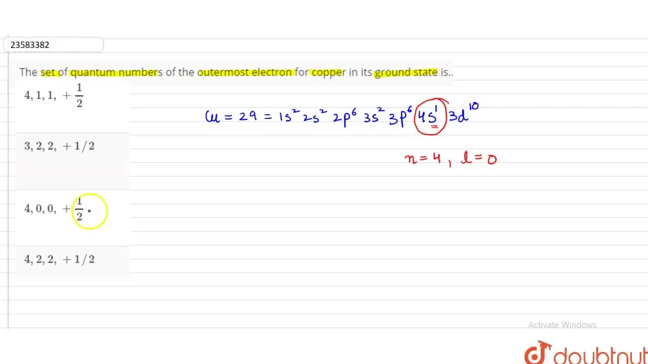 The set of quantum numbers of the outermost electron for copper in its
