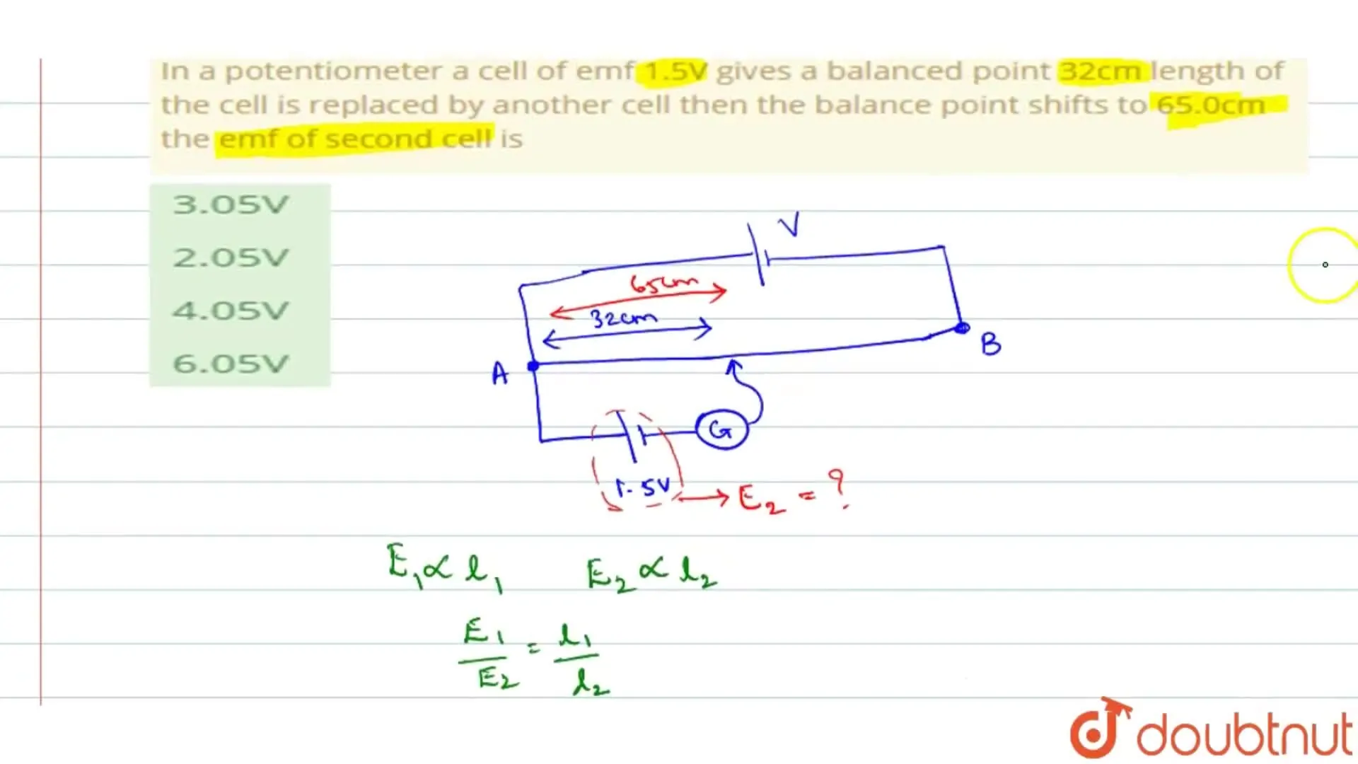 In a potentiometer a cell of emf 1.5V gives a balanced point 32cm leng