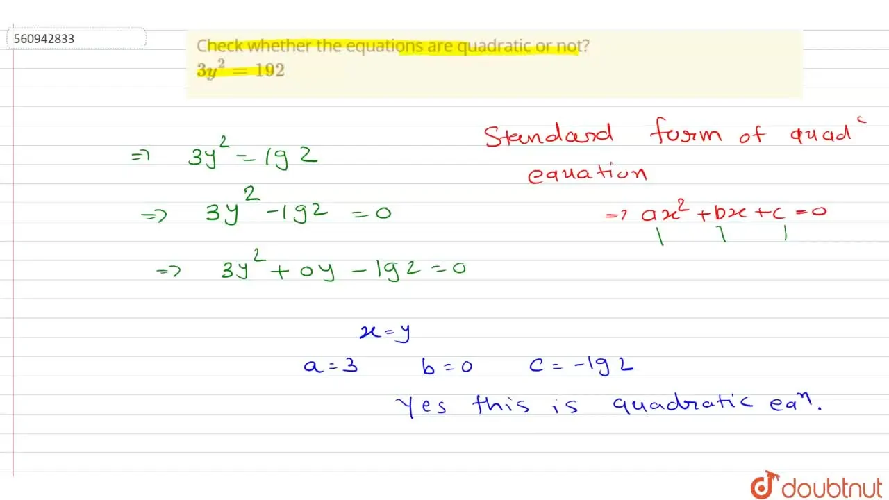 [Gujrati] Check whether the equations are quadratic or not? 3y^(2)=