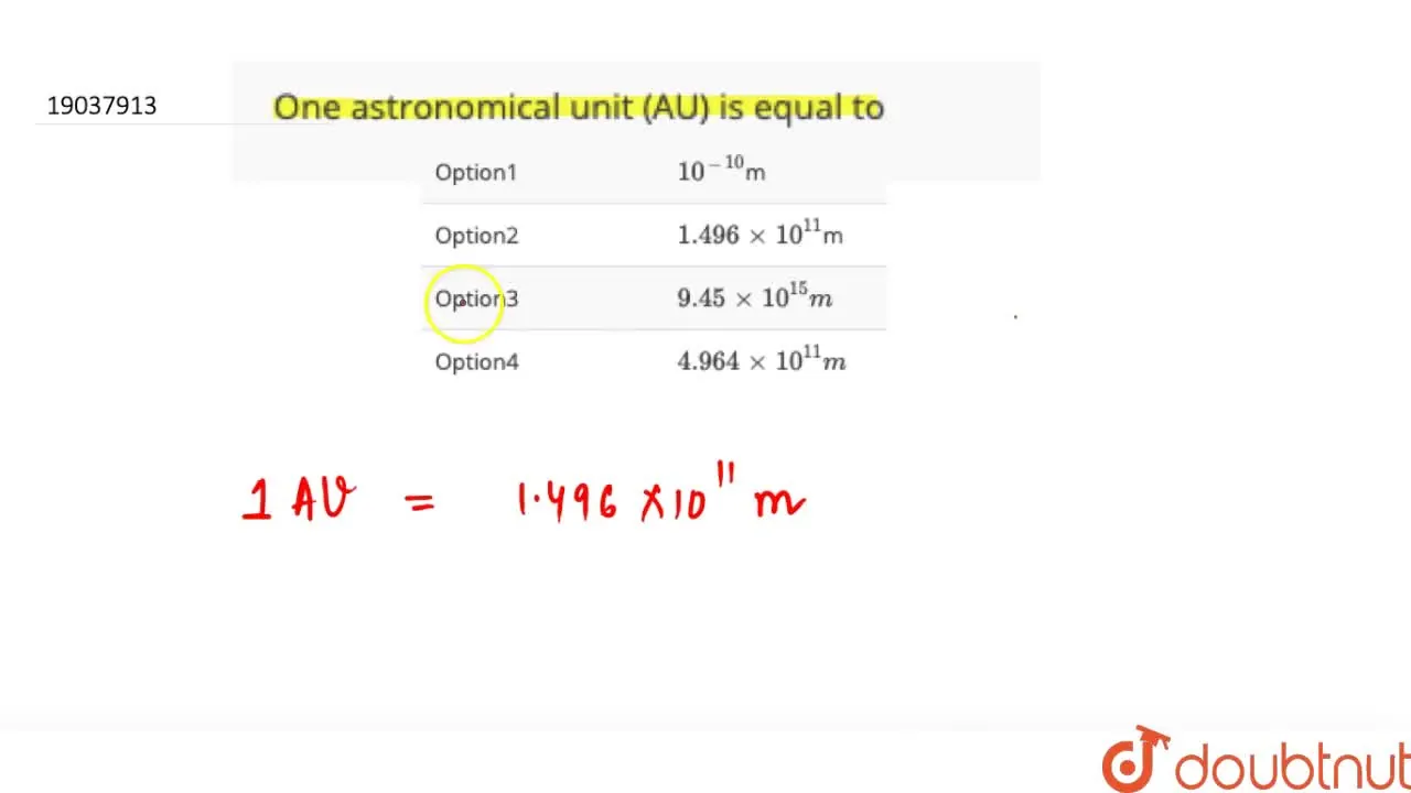 One astronomical unit (AU) is equal to