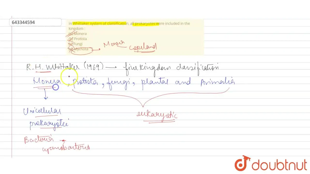 In Whittaker system of classification, all prokaryotes were included in the  kingdom : (a) Monera (b) Protista (c) Fungi (d) Mychota
