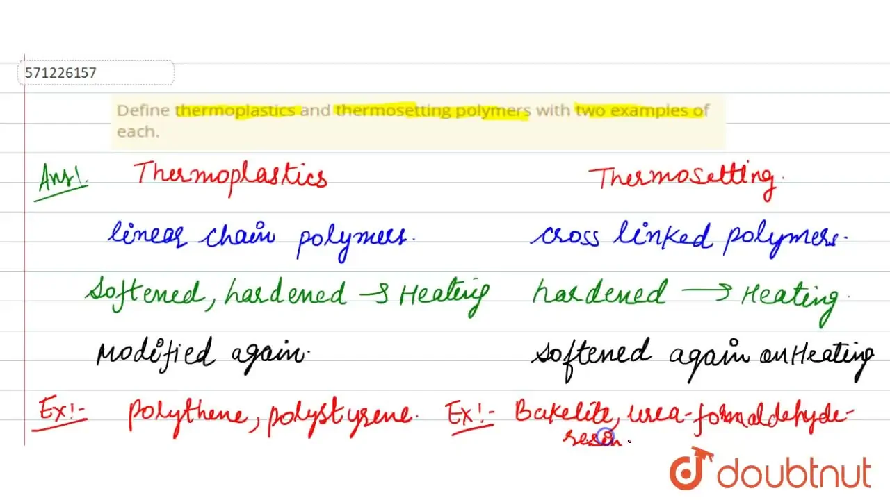 Define thermoplastics and thermosetting polymers with two examples of