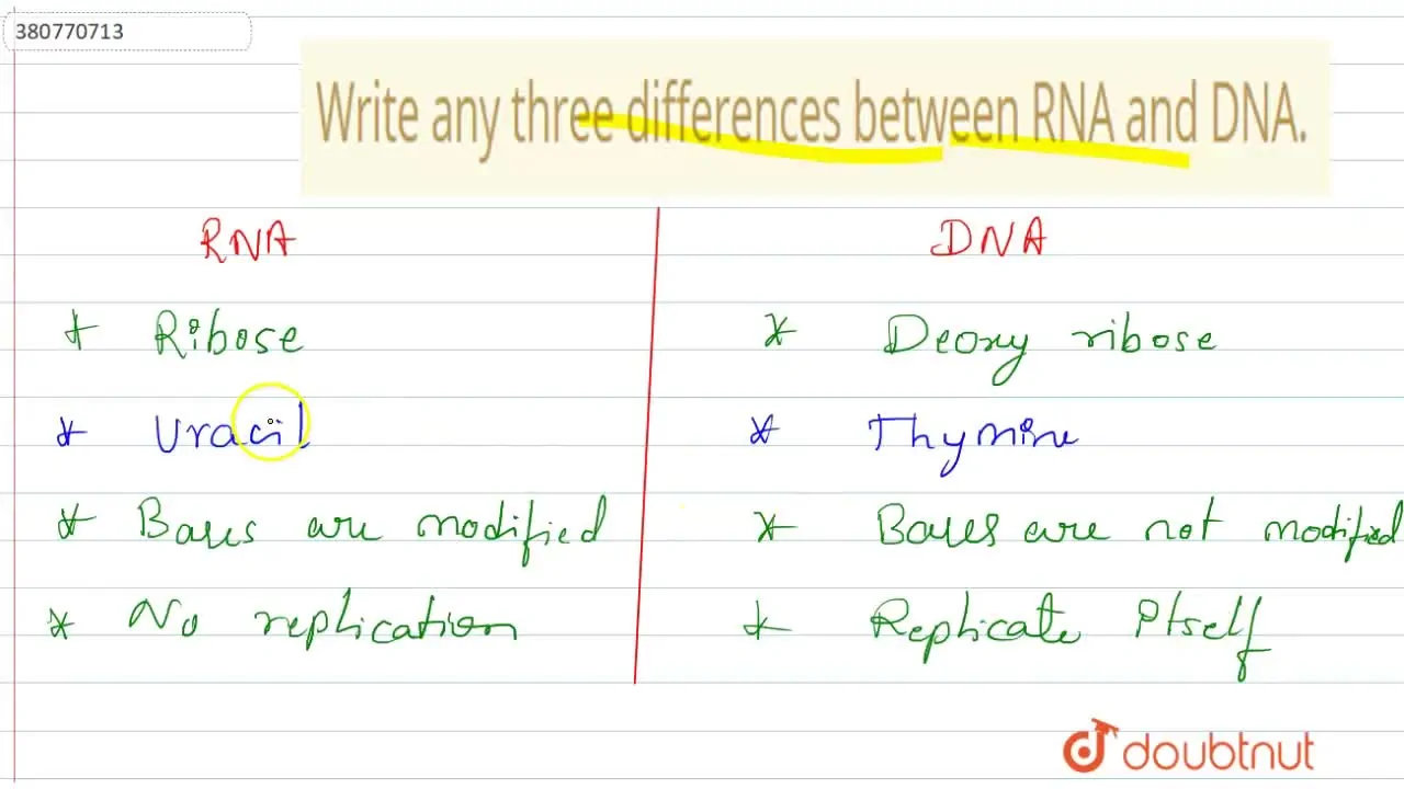 [Kannada] Write any three differences between RNA and DNA.