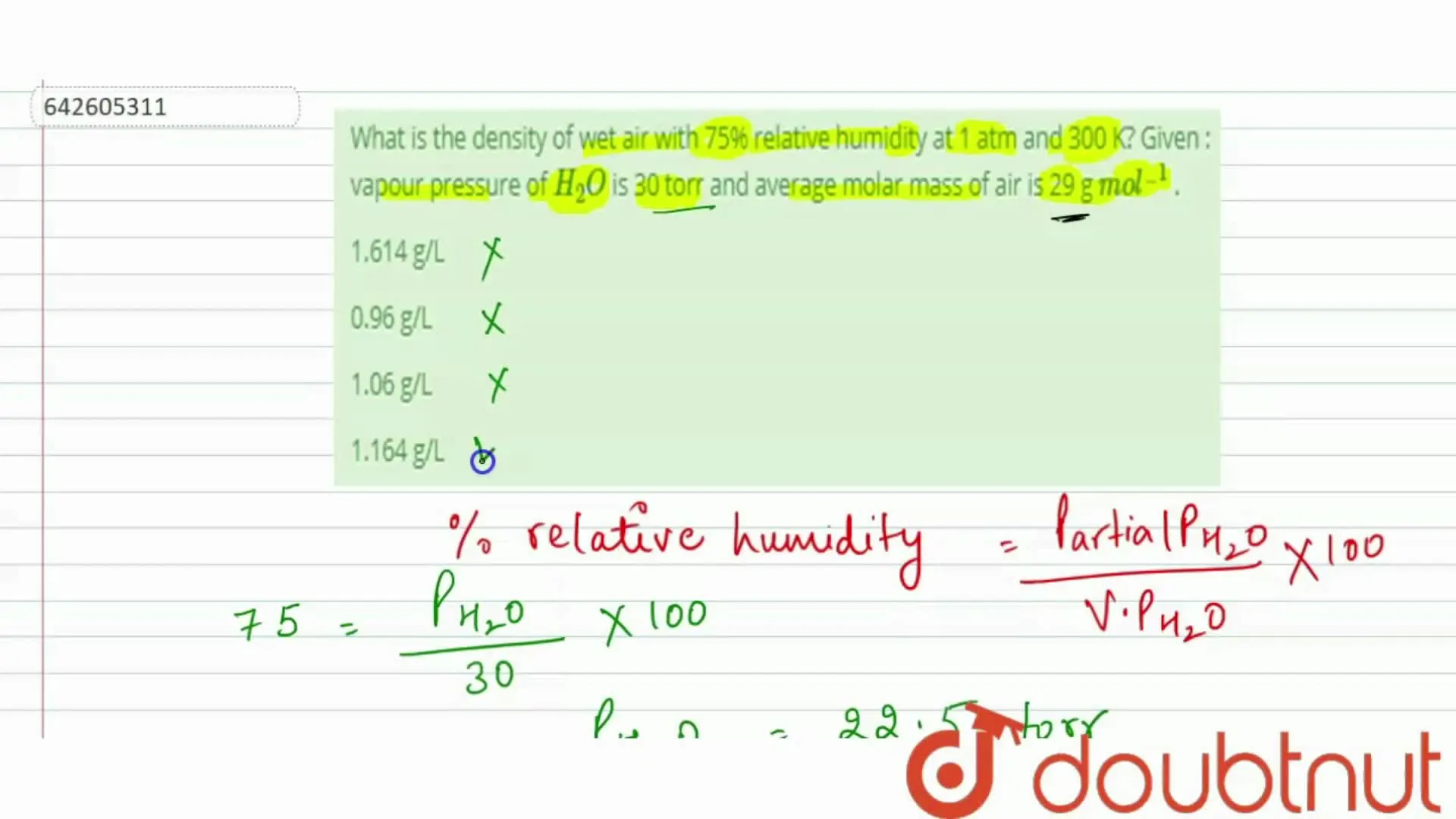 What is the density of wet air with 75 relative humidity at 1 atm and