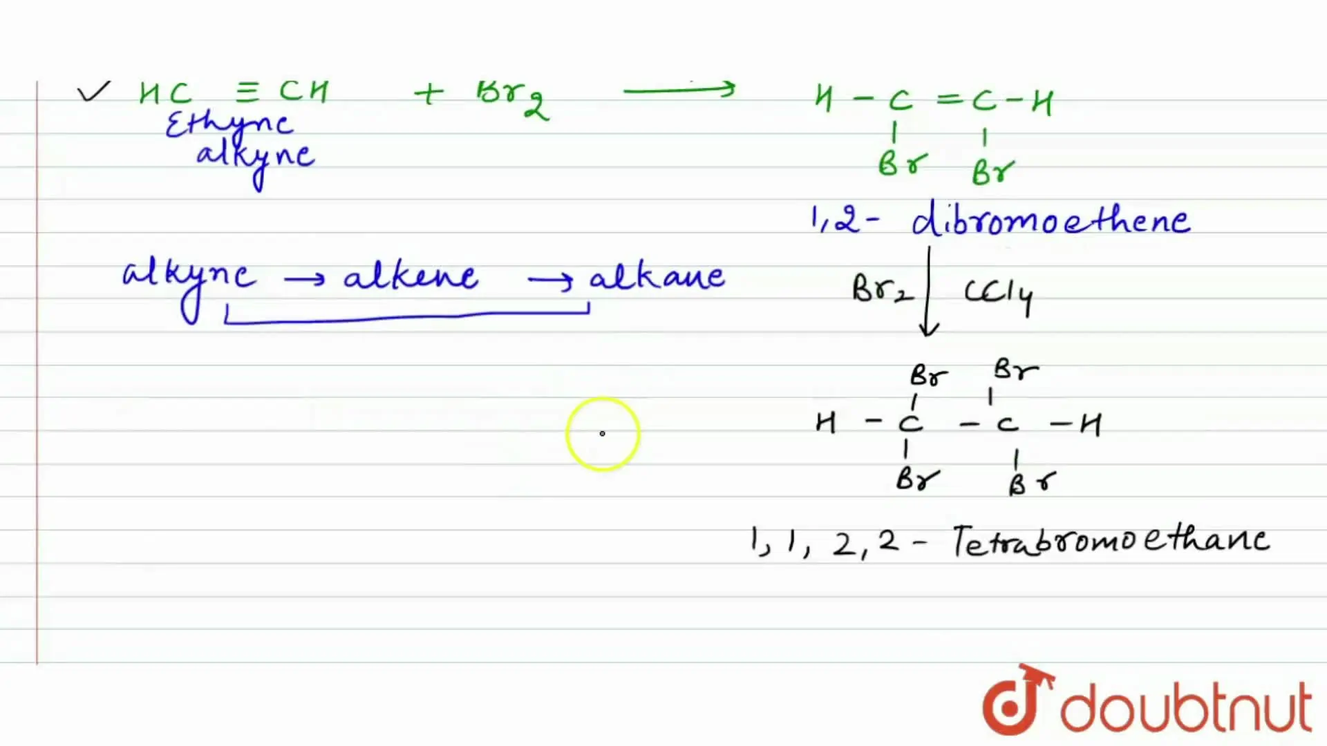 Write the equations for the reaction of ethyne with bromine