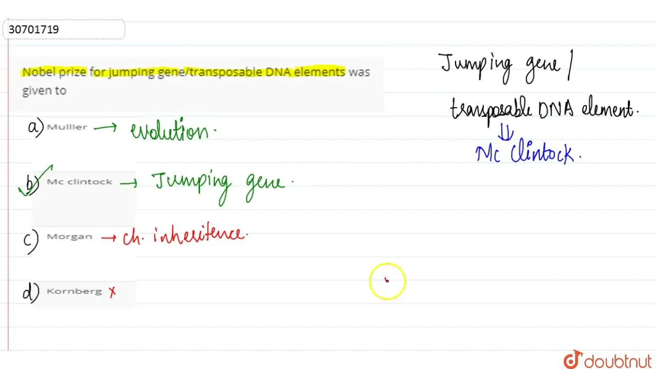 Nobel prize for jumping gene/transposable DNA elements was given to