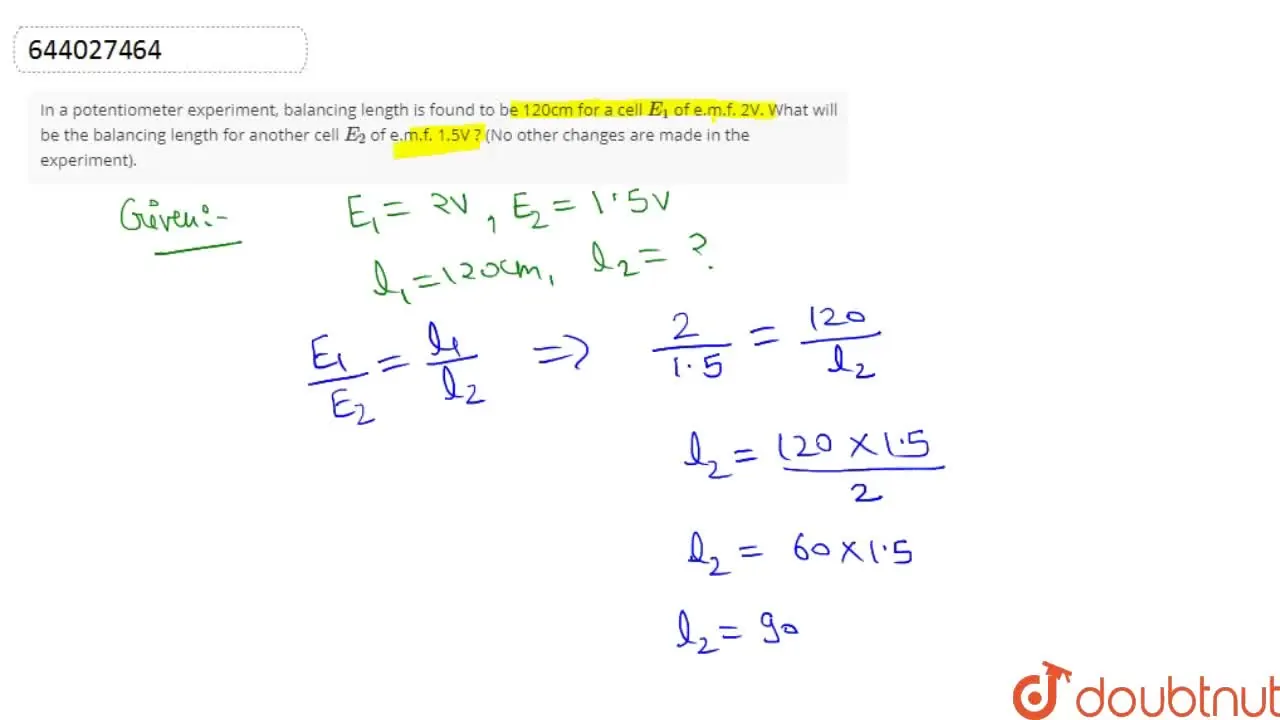 In a potentiometer experiment, balancing length is found to be 120cm f