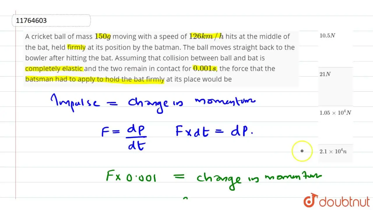 A cricket ball of mass 150g moving with a speed of 126km//h hits at th