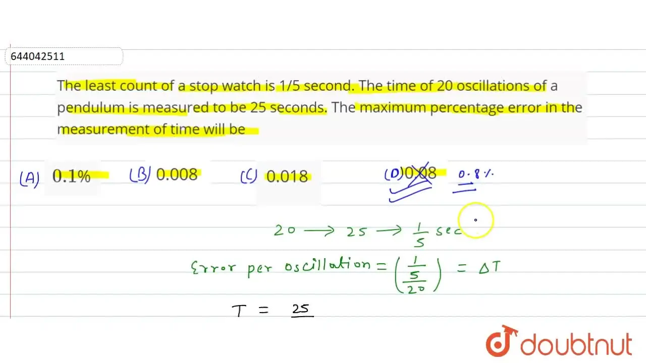 The least count of a stop watch is 1/5 second. The time of 20 oscillat