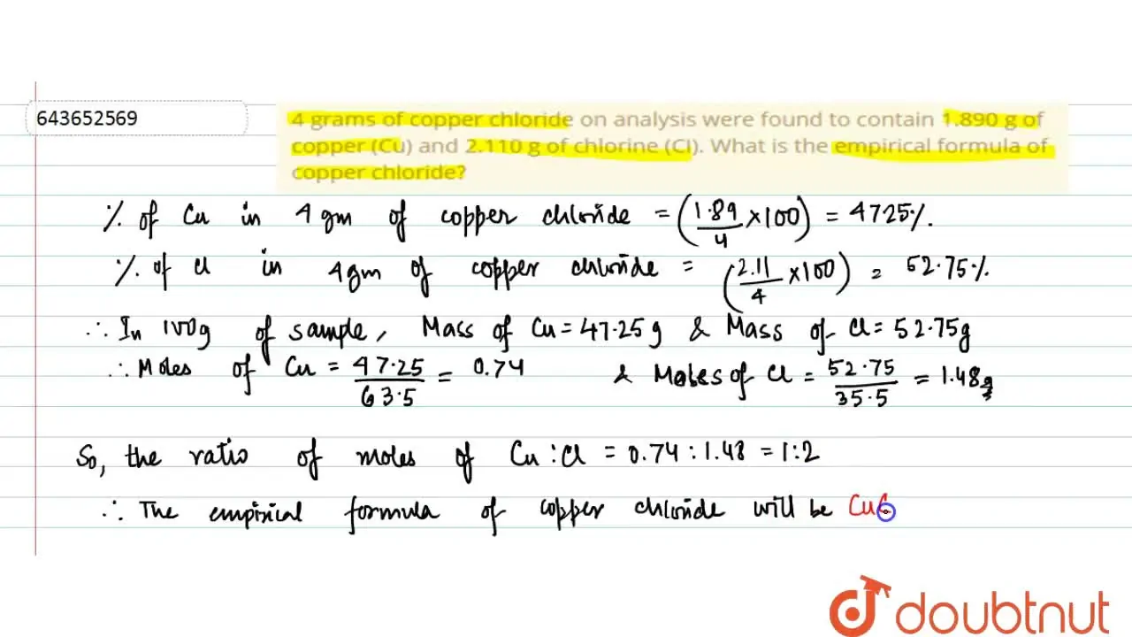 4 grams of copper chloride on analysis were found to contain 1.890 g o