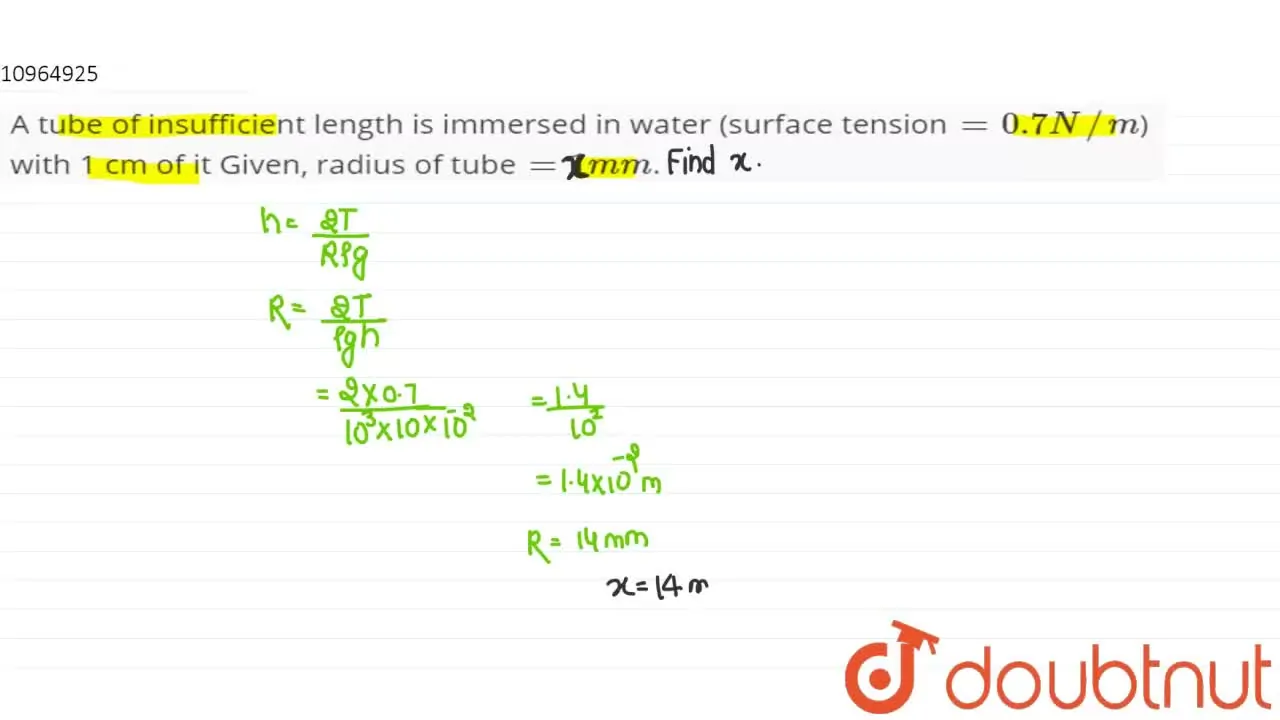 A tube of insufficient length is immersed in water (surface tension=0.