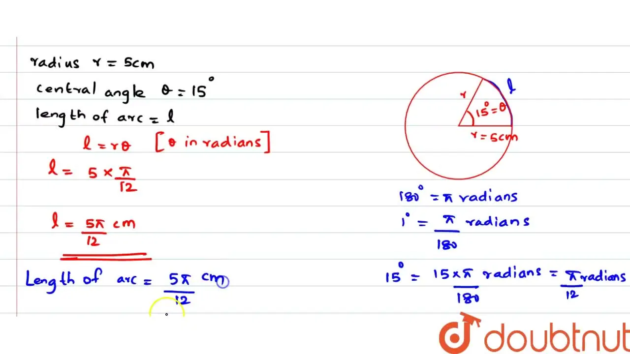 [Malayalam] Find the length of an arc of a circle of radius 5 cms subt