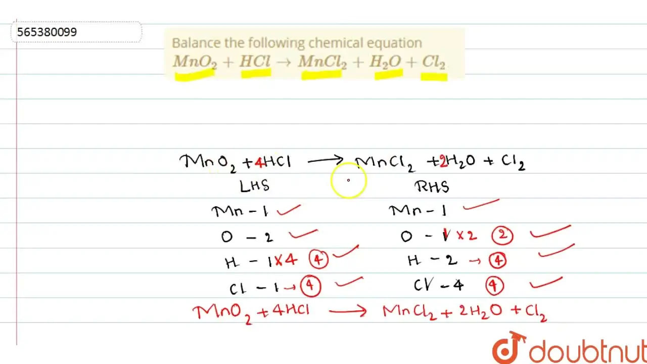 [kannada] Balance The Following Chemical Equation Mno(2)+hcl To Mncl