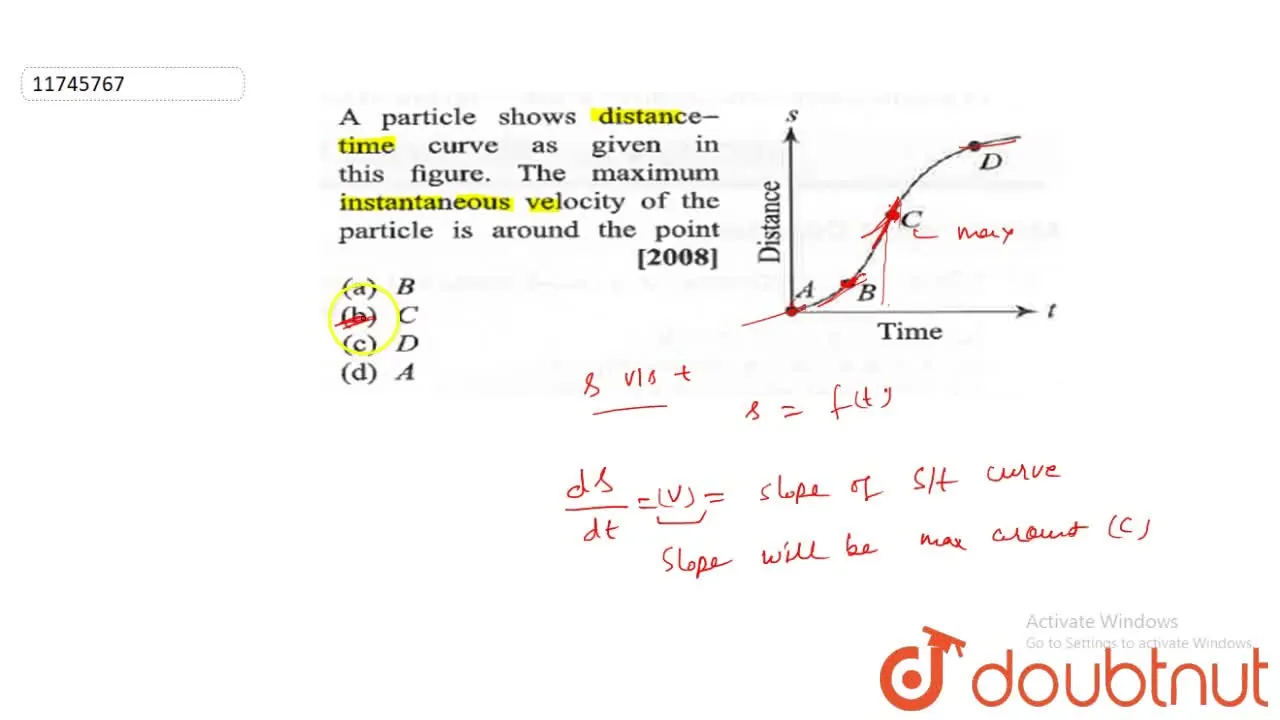 A particle shows distance-time curve as given in this figure. The maxi