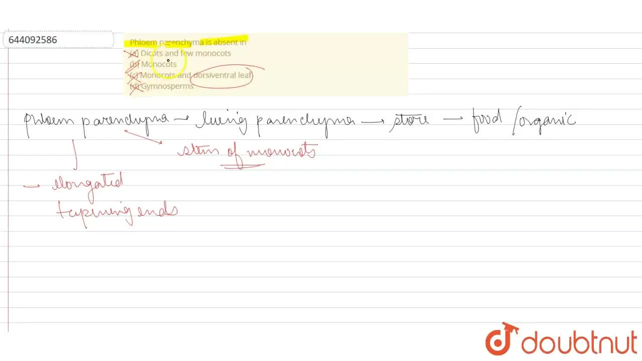 Phloem parenchyma is absent in (a) Dicots and few monocots (b) Mono
