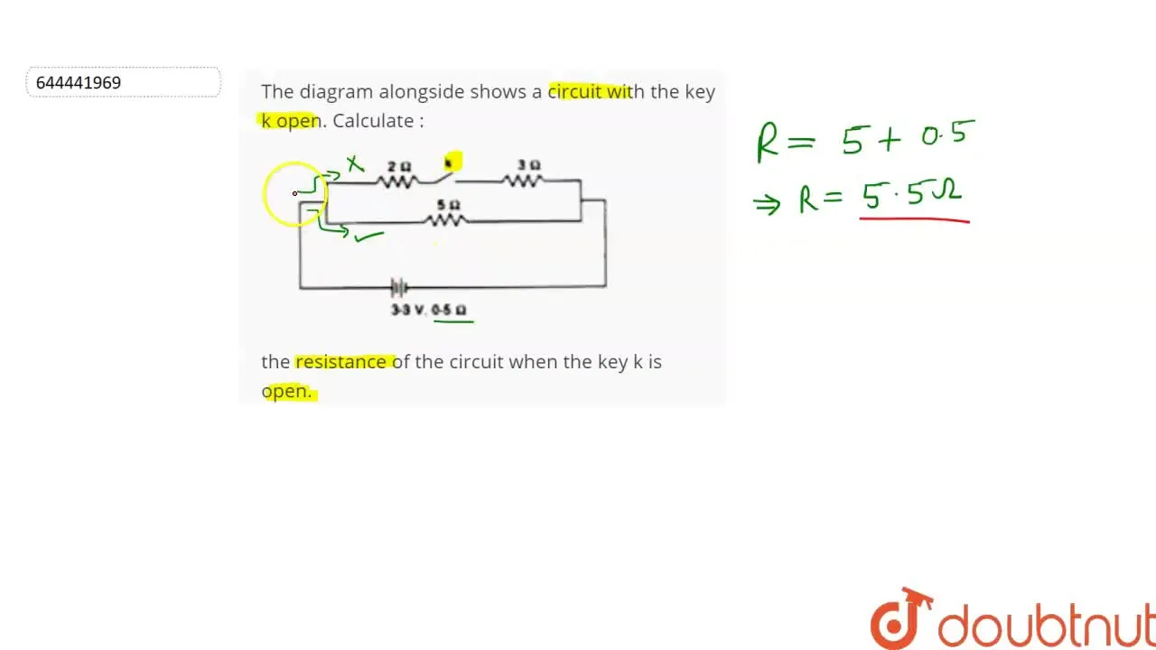 The diagram alongside shows a circuit with the key k open. Calculate