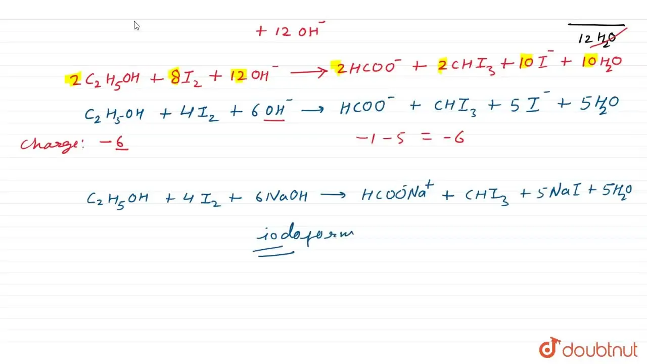 Balance the following equations. C(2)H(5)OH+l(2)+OH^(-)toCHl(3)+HCOO