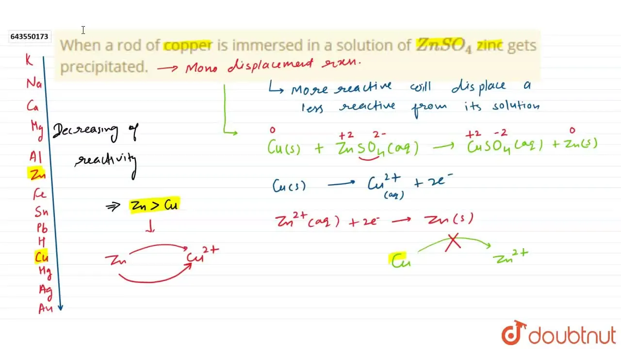 When a rod of copper is immersed in a solution of ZnSO(4) zinc gets pr