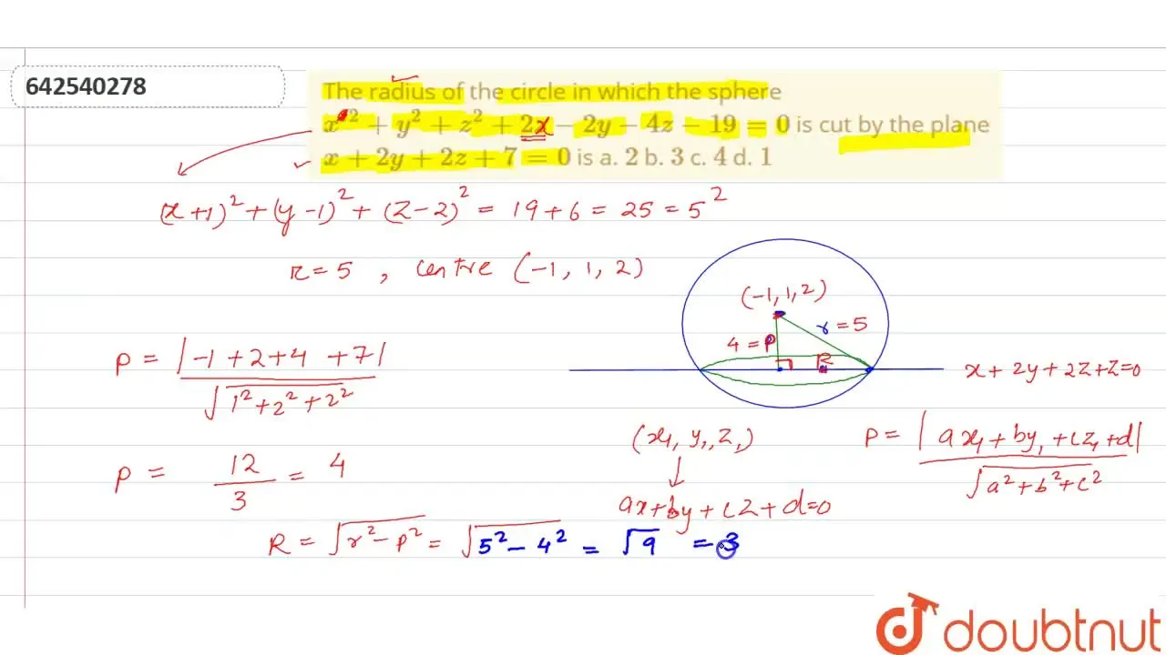 The Radius Of The Circle In Which The Sphere X2y2z22z 2y 4 6458