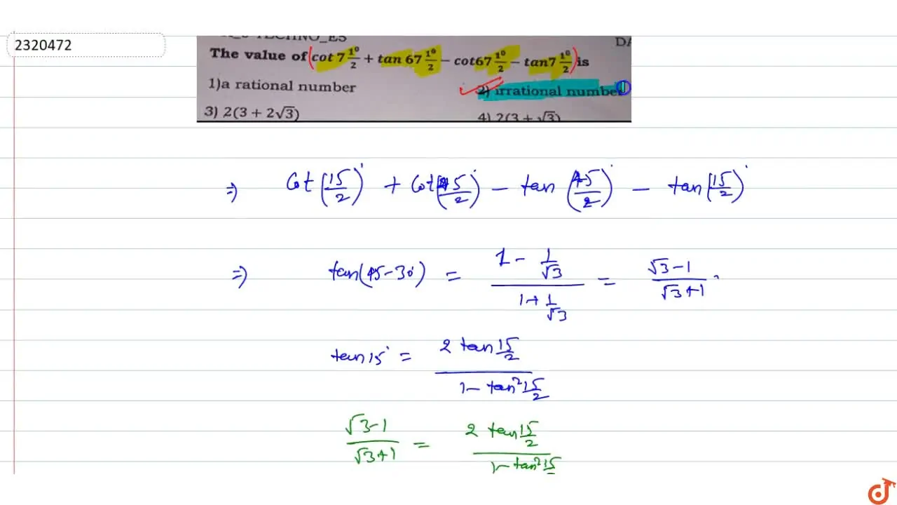 The value of cot7(1^0)/2+tan67(1^(@))/2-cot67(1^(@))/2-tan7 10/2 is