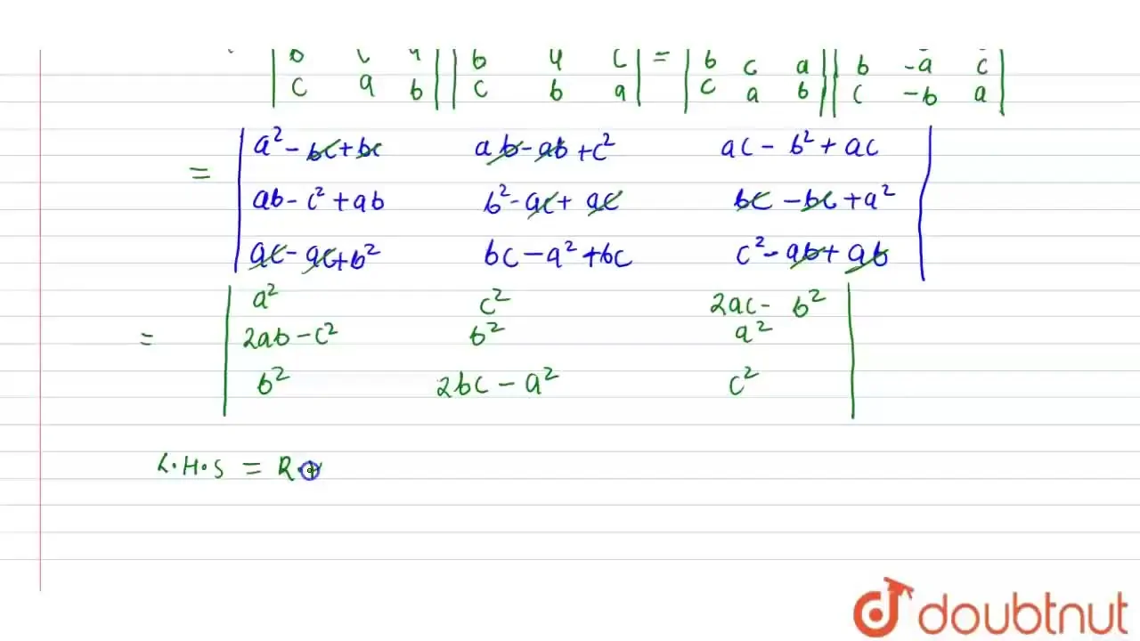 Show that |{:(bc-a^(2),,ca-b^(2),,ab-c^(2)),(ca-b^(2),,ab-c^(2),,bc-a^