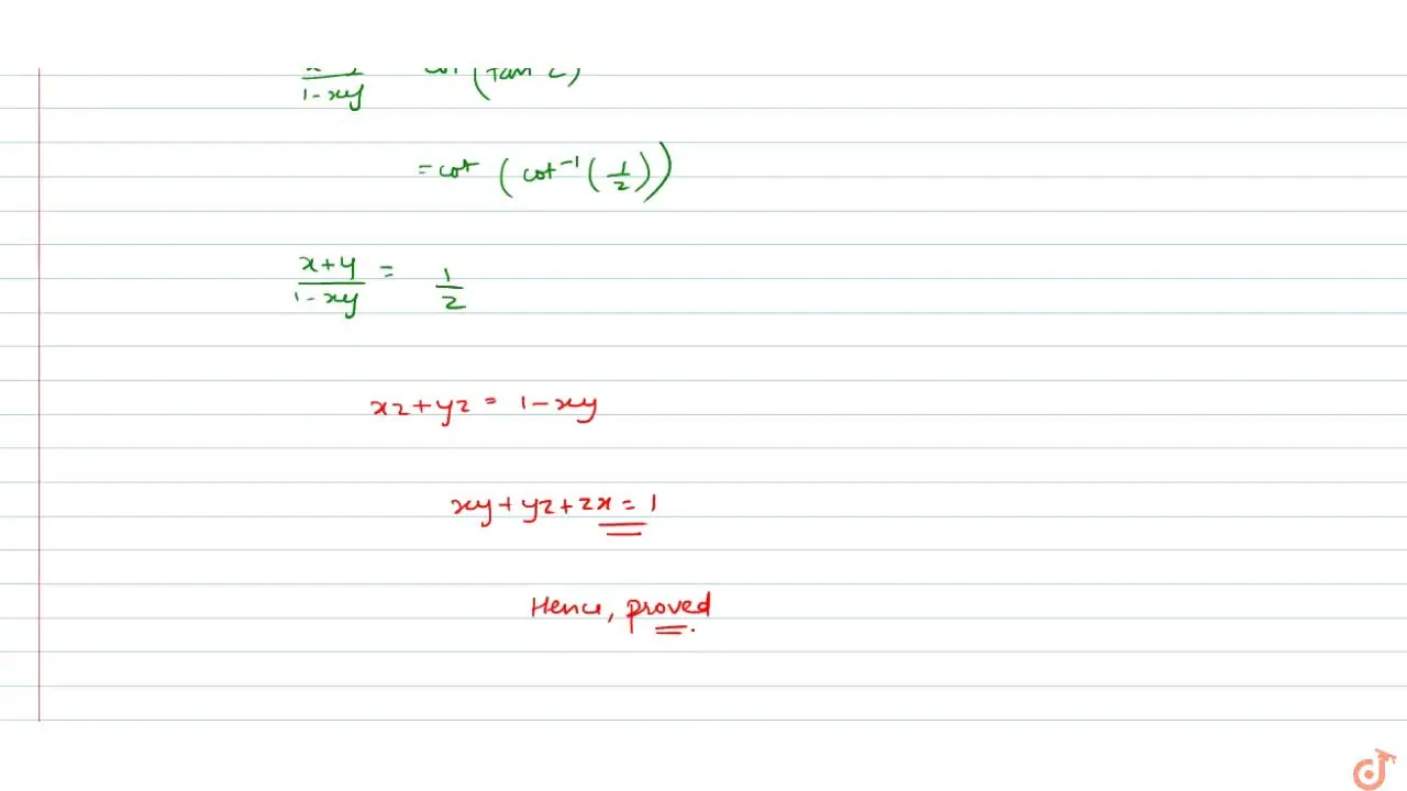 If `tan^(-1) x+tan^(-1)y+tan^(-1)z=pi/2` then prove that `yz+zx+xy=1`