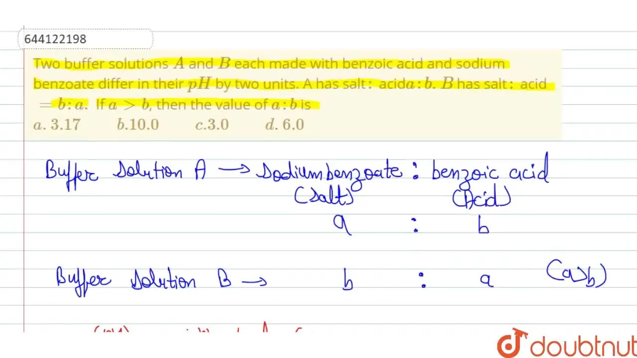 Two buffer solutions A and B each made with benzoic acid and sodium be
