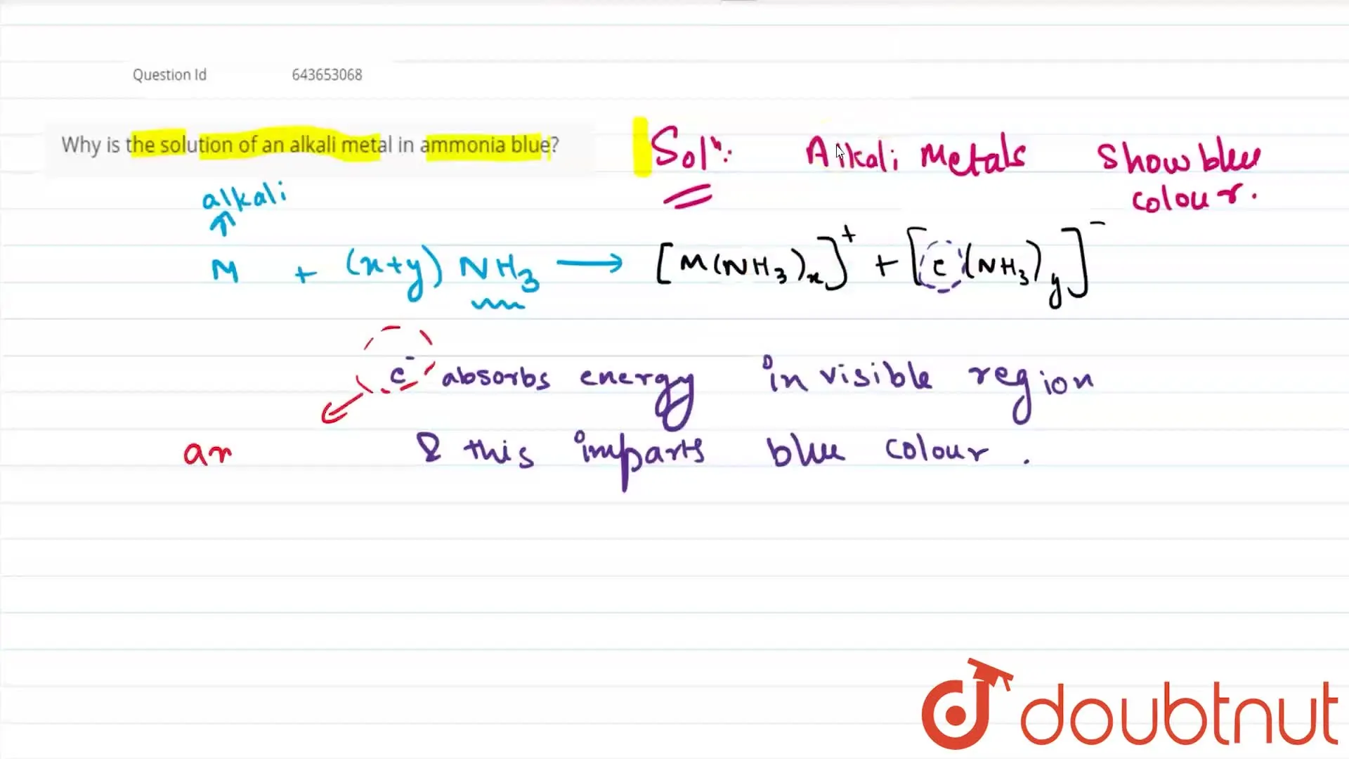The alkali metals dissolve in ammonia to give a deep blue solution whi