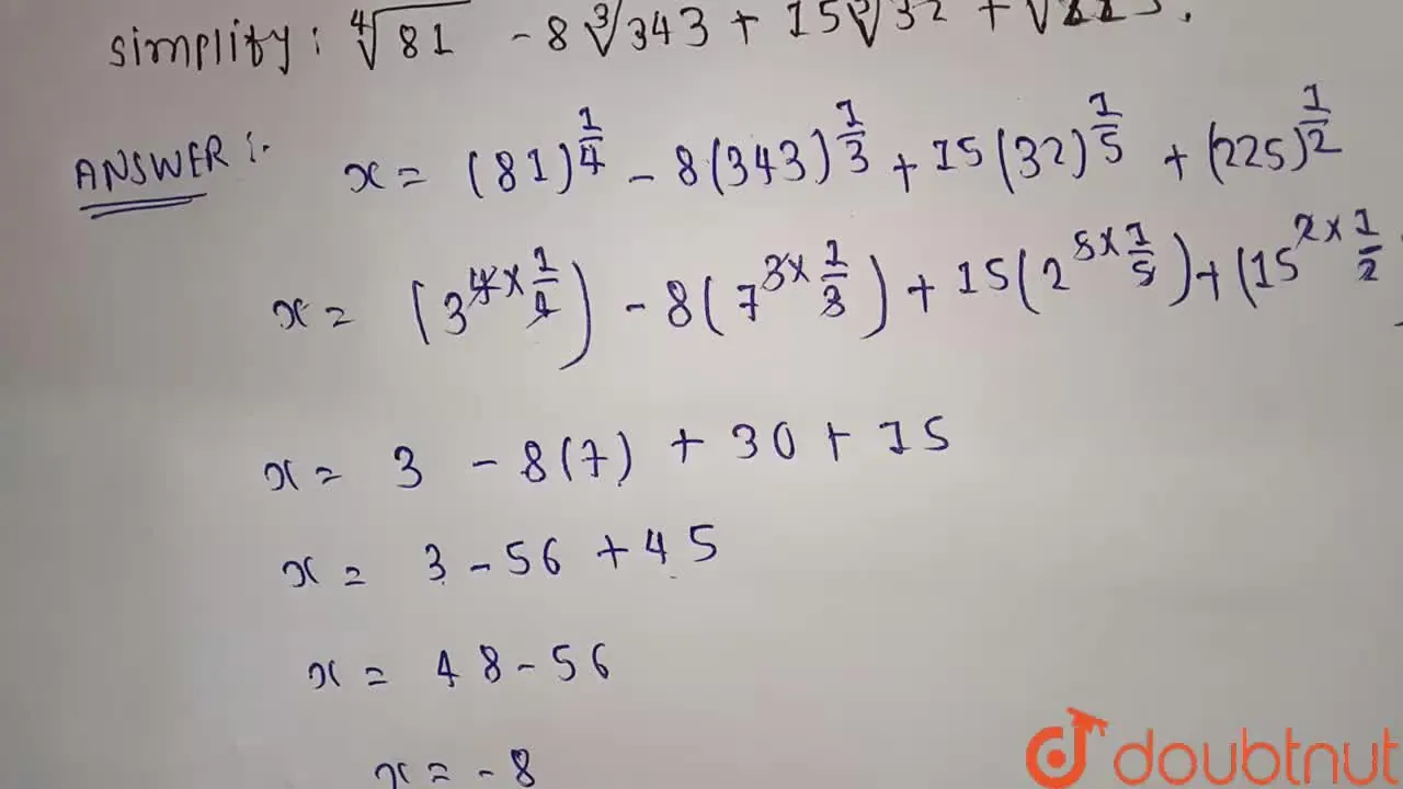 [Gujrati] Simplify root4(81)8root3(343)+15 root5(32)+sqrt(225)