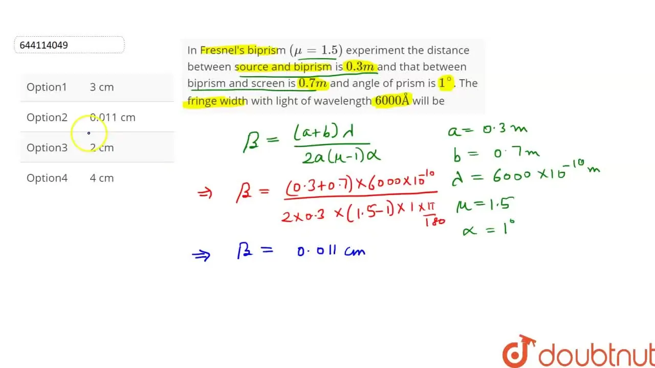 in a biprism experiment the distance of source