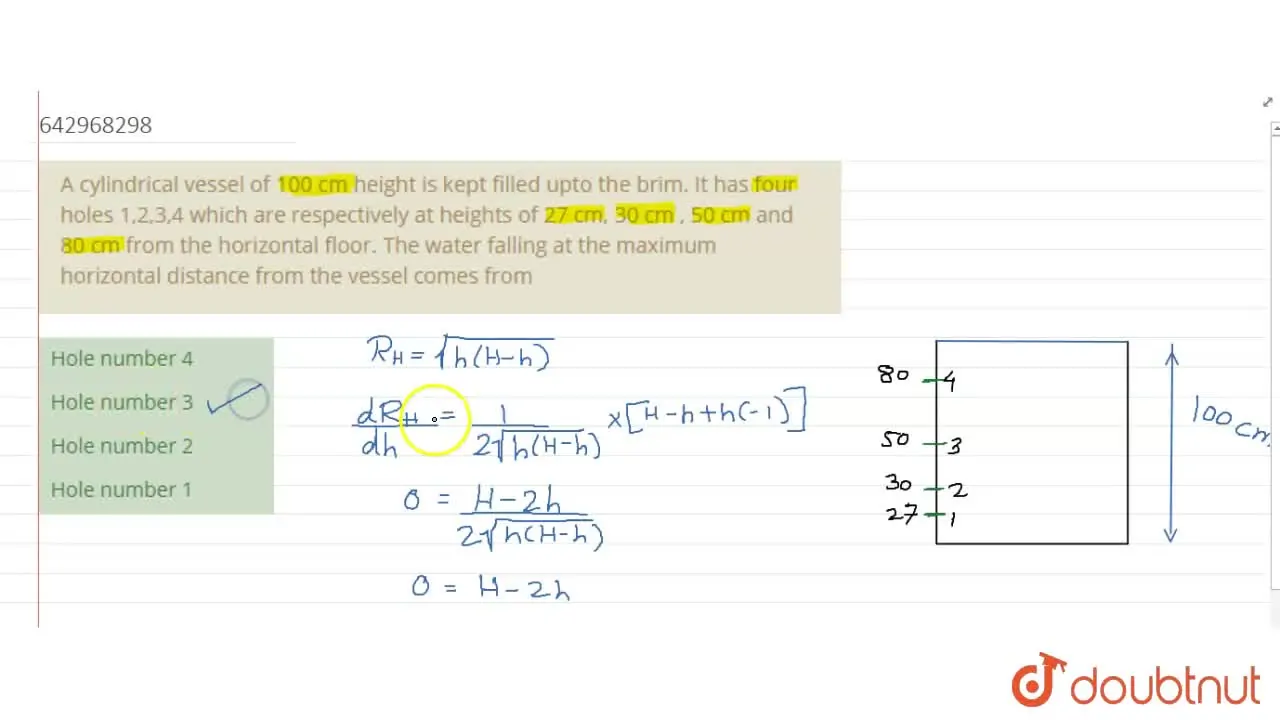 [Marathi] A cylindrical vessel of 100 cm height is kept filled upto th