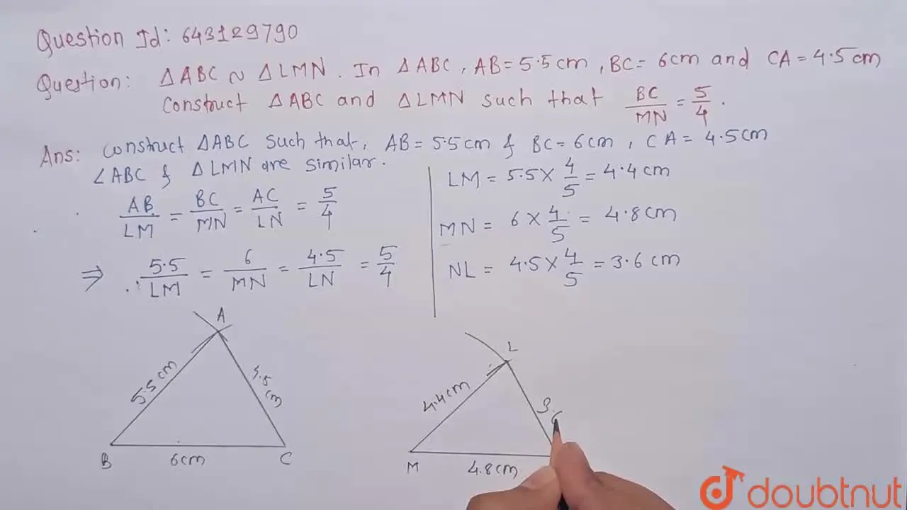 [Marathi] triangle ABCtriangle LMN.In triangle ABC,AB=5.5 cm,BC=6 cm